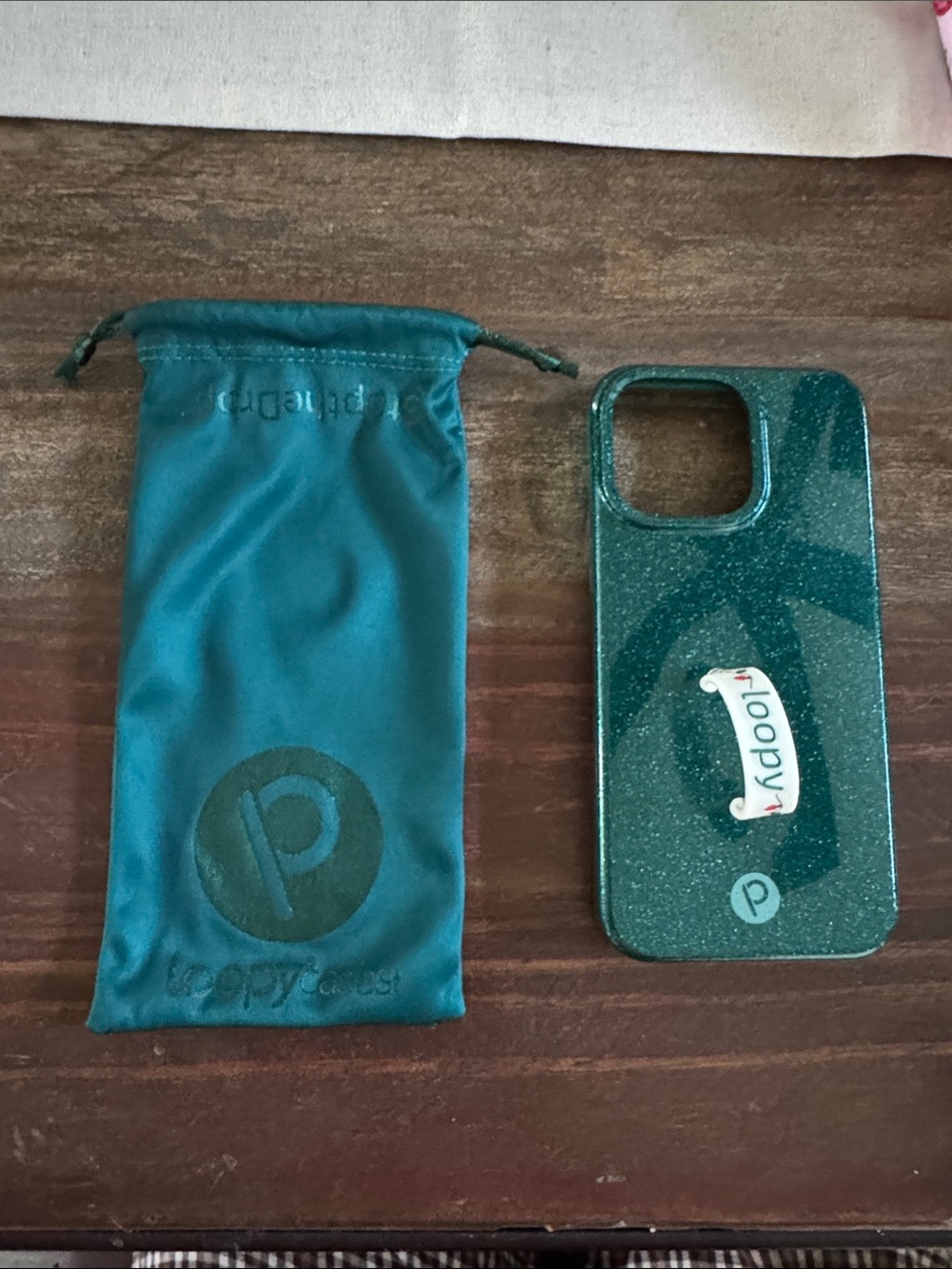 Green Glitter Loopy iPhone 15 Pro Max Case with Pouch and Christmas bulbs loop